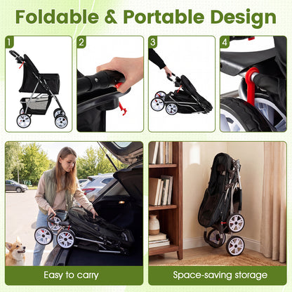 4-Wheel Pet Foldable Stroller with Breathable Mesh for Small Dogs Cats up to 15 KG-Black