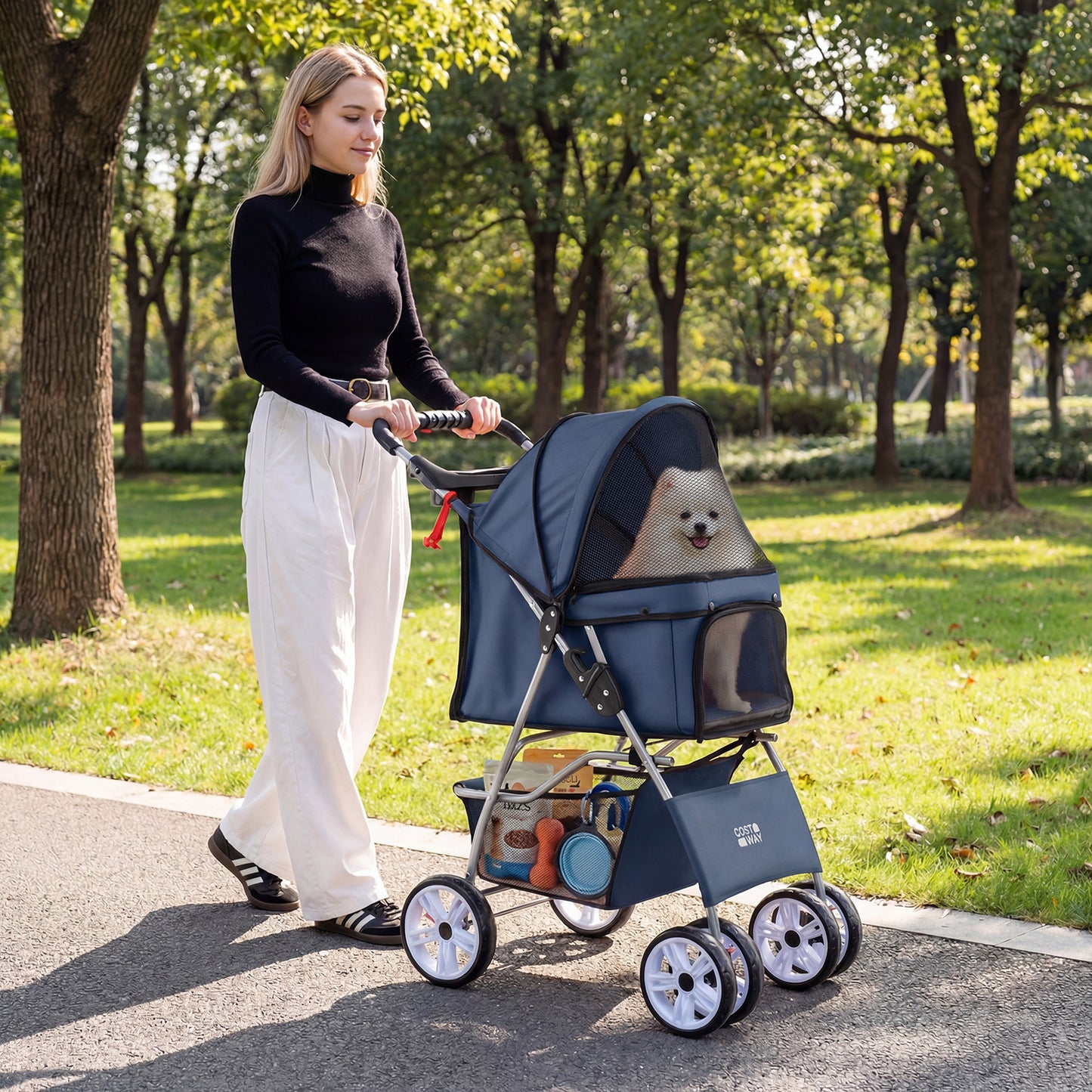 4-Wheel Pet Foldable Stroller with Breathable Mesh for Small Dogs Cats up to 15 KG-Blue