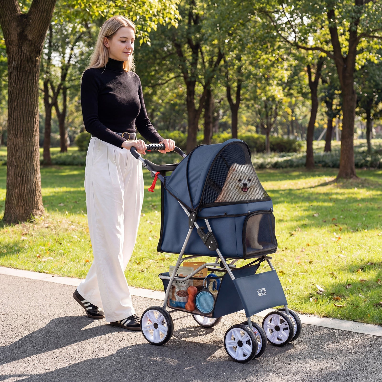 4-Wheel Pet Foldable Stroller with Breathable Mesh for Small Dogs Cats up to 15 KG-Blue