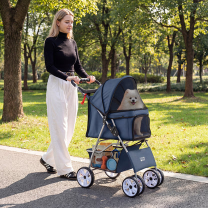4-Wheel Pet Foldable Stroller with Breathable Mesh for Small Dogs Cats up to 15 KG-Blue