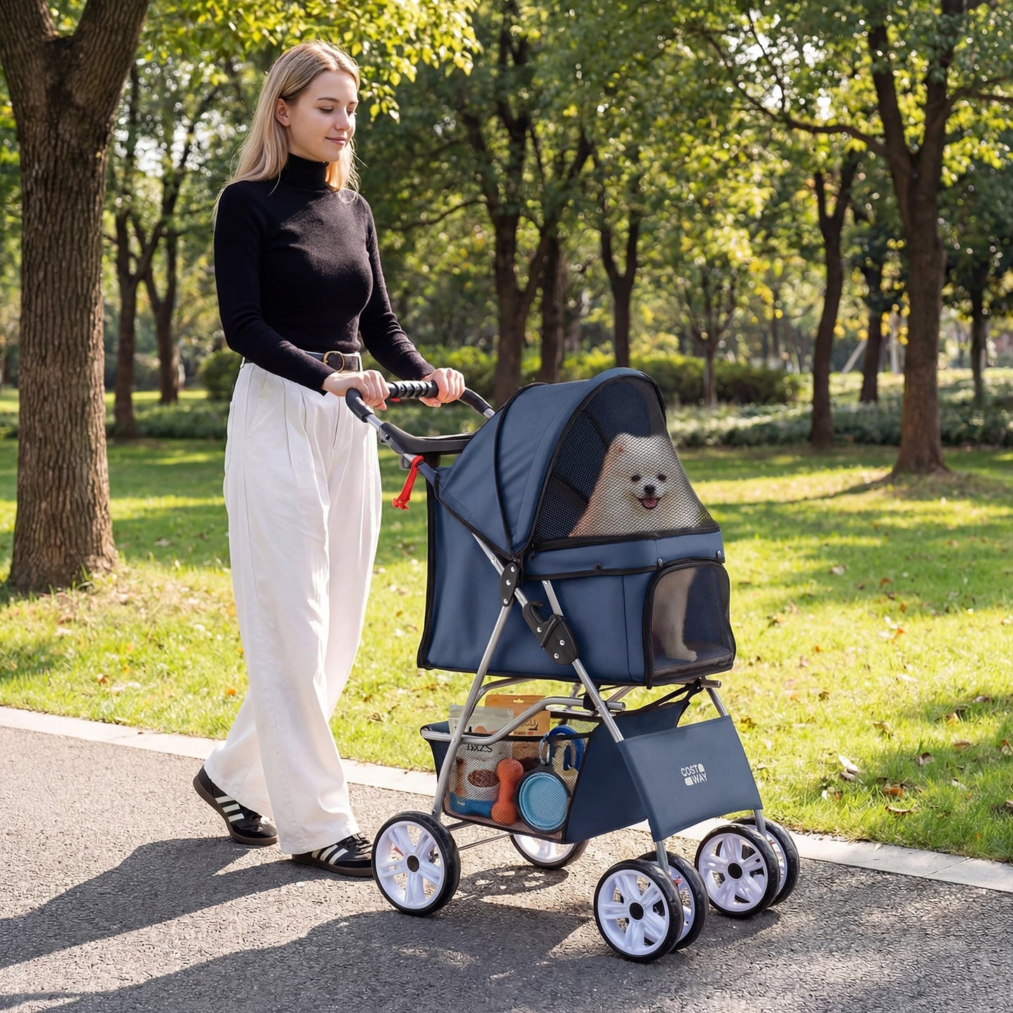 4-Wheel Pet Foldable Stroller with Breathable Mesh for Small Dogs Cats up to 15 KG-Blue