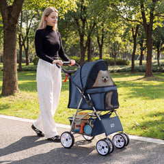 4-Wheel Pet Foldable Stroller with Breathable Mesh for Small Dogs Cats up to 15 KG-Blue