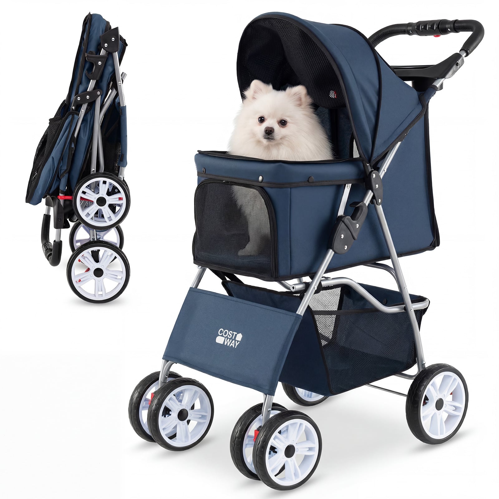 4-Wheel Pet Foldable Stroller with Breathable Mesh for Small Dogs Cats up to 15 KG-Blue