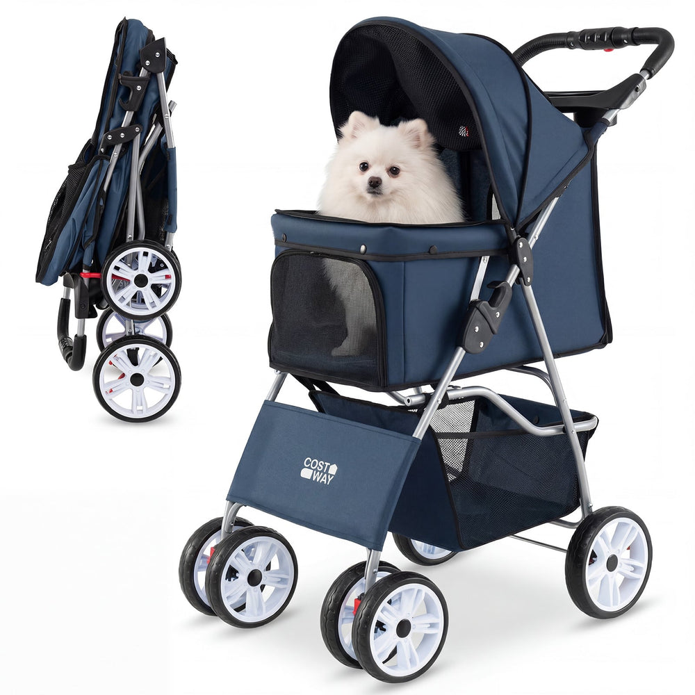 4-Wheel Pet Foldable Stroller with Breathable Mesh for Small Dogs Cats up to 15 KG-Blue