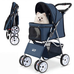 4-Wheel Pet Foldable Stroller with Breathable Mesh for Small Dogs Cats up to 15 KG-Blue