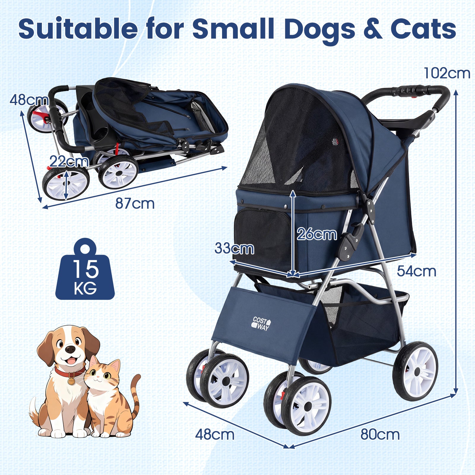 4-Wheel Pet Foldable Stroller with Breathable Mesh for Small Dogs Cats up to 15 KG-Blue