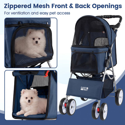 4-Wheel Pet Foldable Stroller with Breathable Mesh for Small Dogs Cats up to 15 KG-Blue
