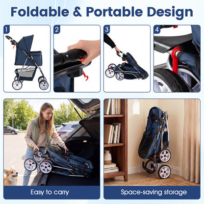 4-Wheel Pet Foldable Stroller with Breathable Mesh for Small Dogs Cats up to 15 KG-Blue