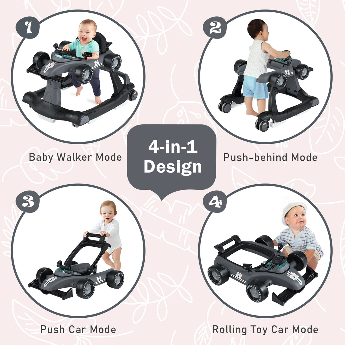 4-in-1 Baby Push Walker with Adjustable Height and Speed-Dark Grey