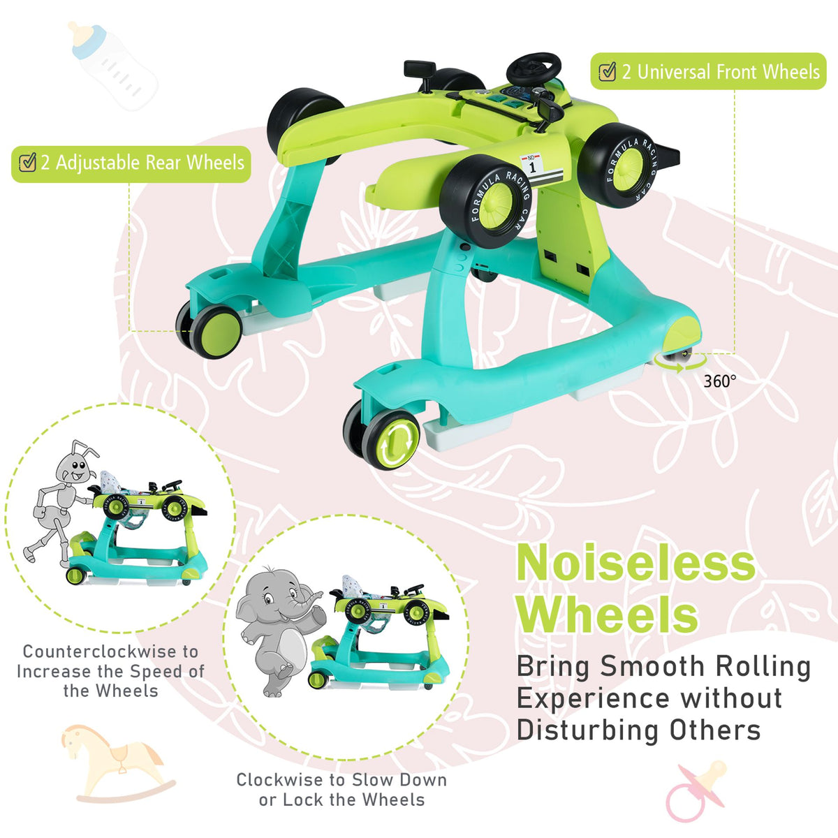 4-in-1 Baby Push Walker with Adjustable Height and Speed-Turquoise