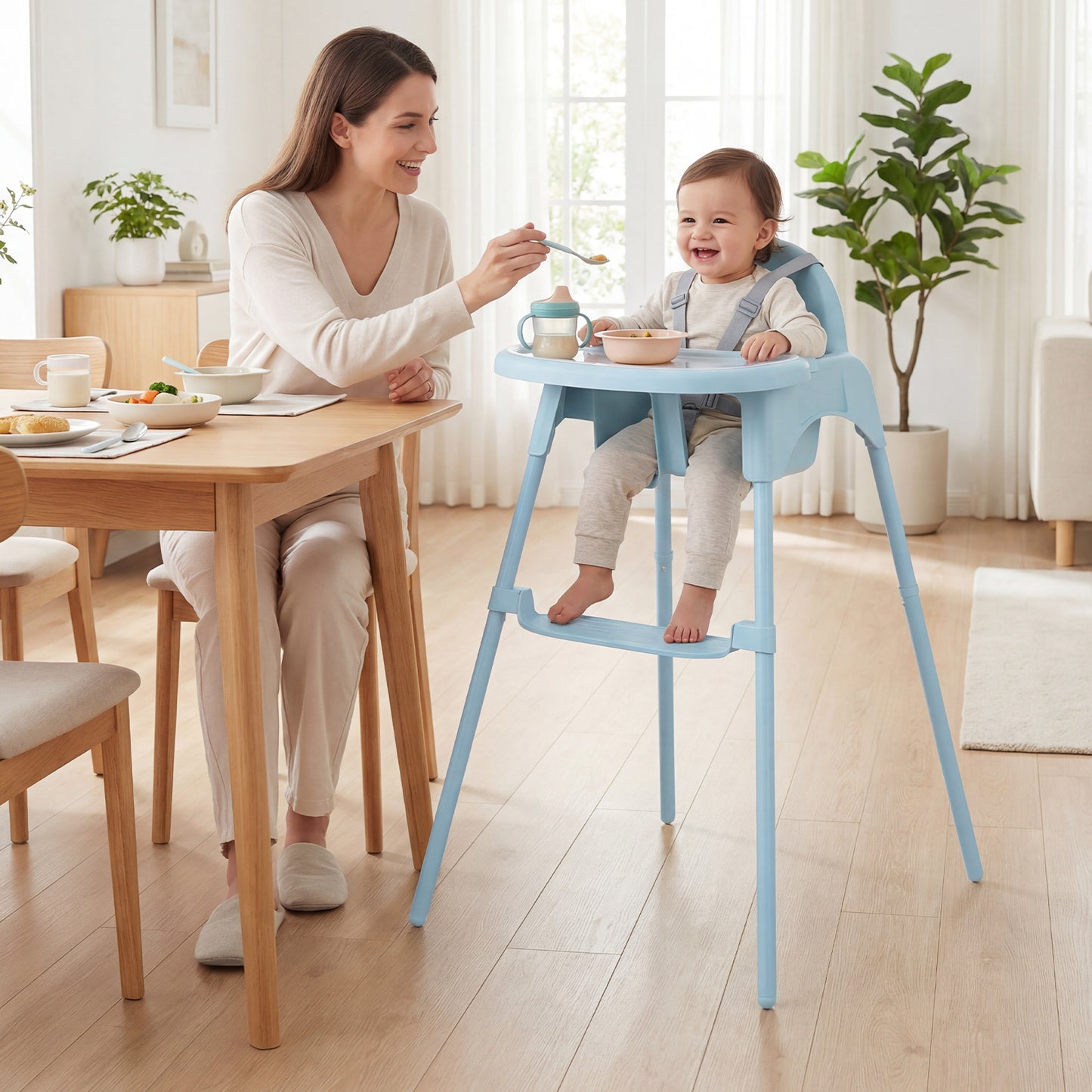 4-in-1 Convertible Baby High Chair with 2 Heights Removable Double Tray-Blue