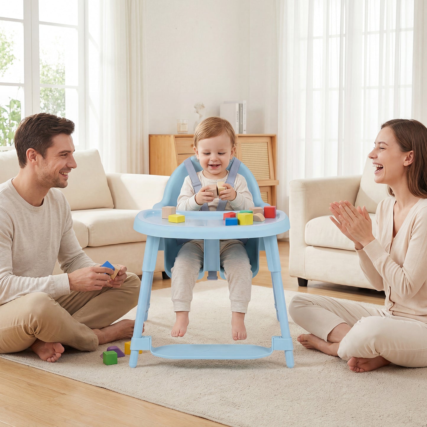4-in-1 Convertible Baby High Chair with 2 Heights Removable Double Tray-Blue