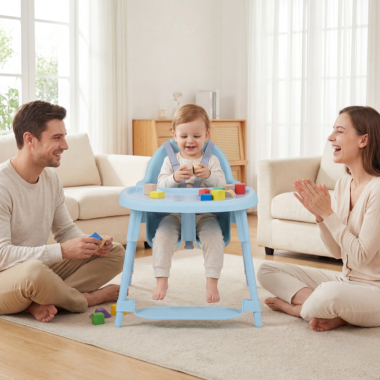 4-in-1 Convertible Baby High Chair with 2 Heights Removable Double Tray-Blue