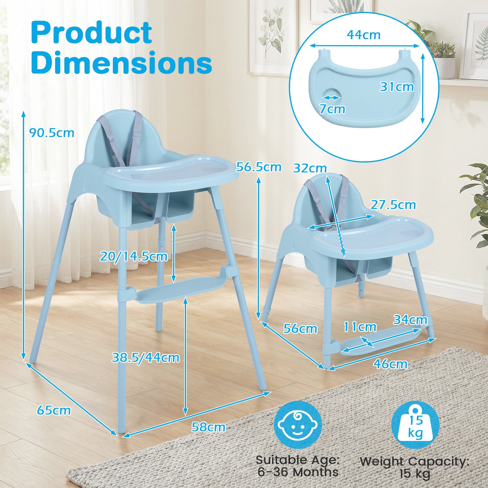 4-in-1 Convertible Baby High Chair with 2 Heights Removable Double Tray-Blue