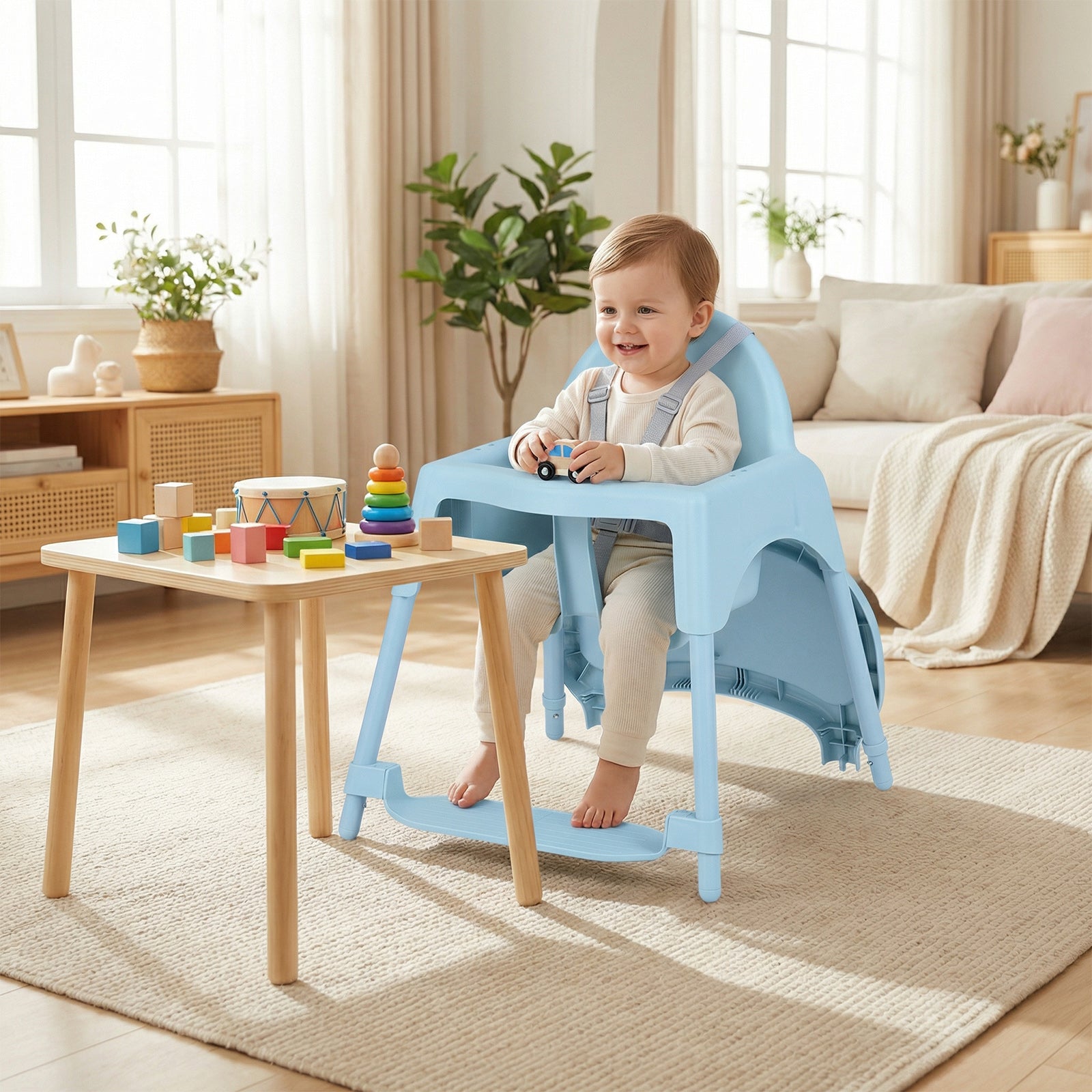 4-in-1 Convertible Baby High Chair with 2 Heights Removable Double Tray-Blue