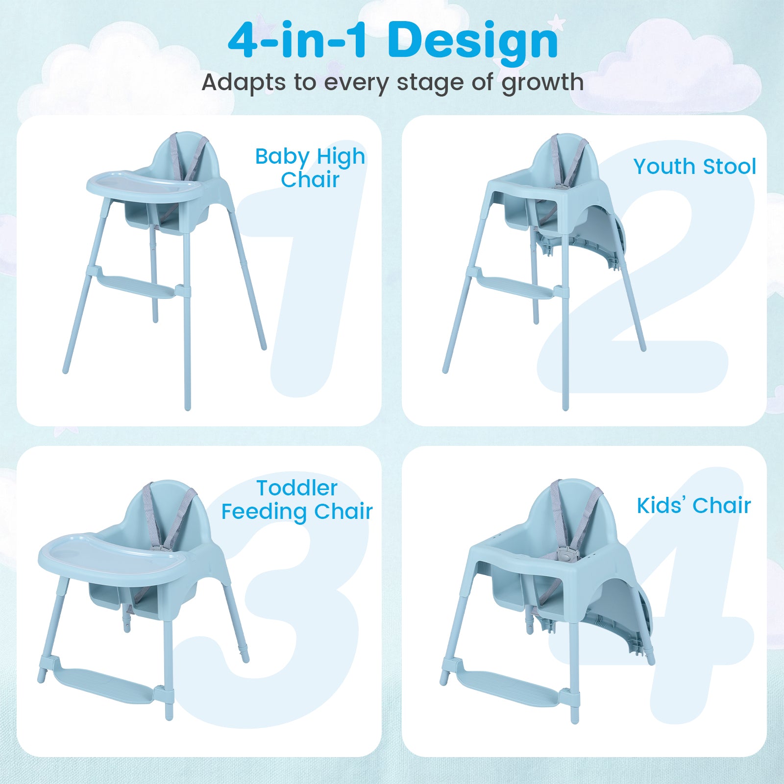 4-in-1 Convertible Baby High Chair with 2 Heights Removable Double Tray-Blue