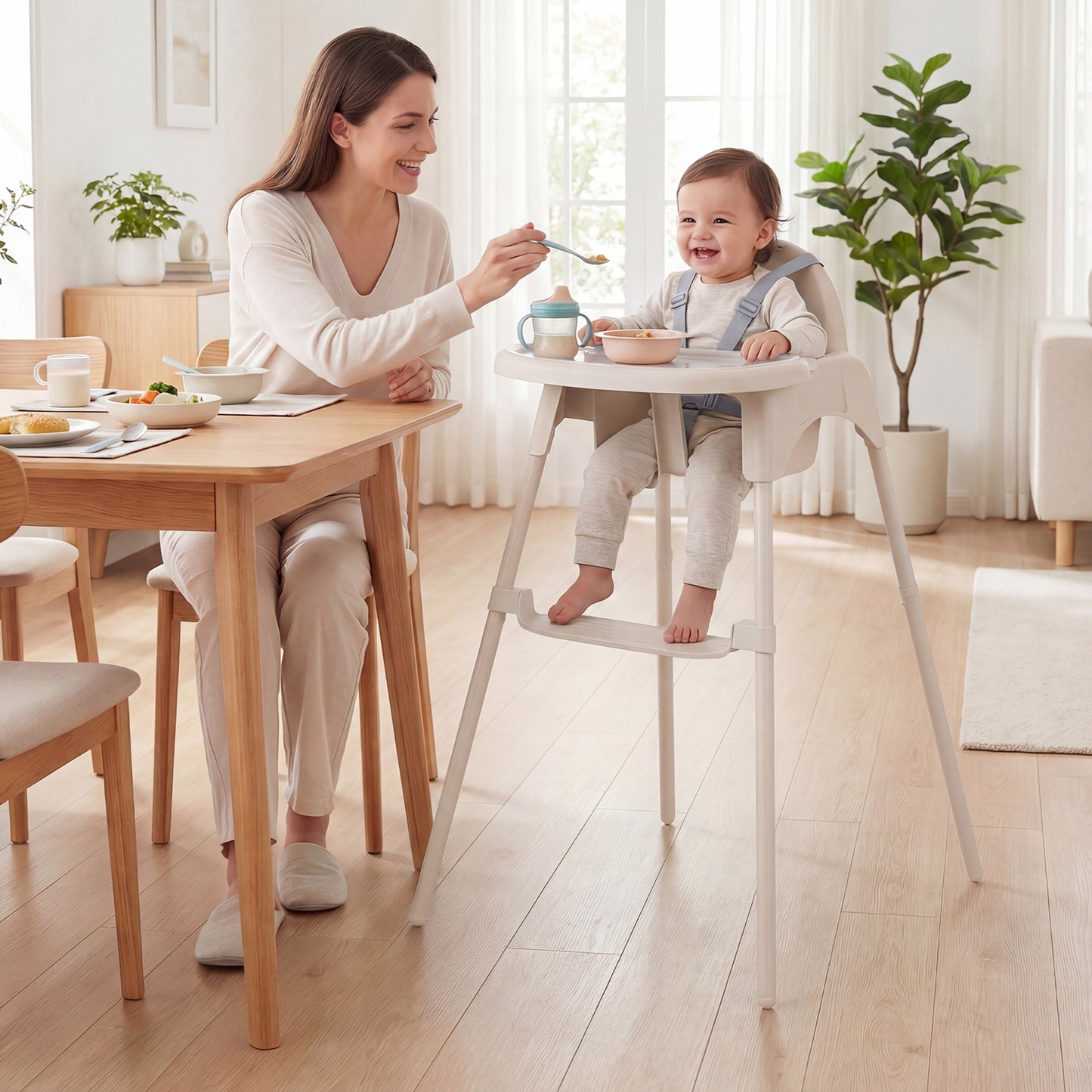 4-in-1 Convertible Baby High Chair with 2 Heights Removable Double Tray-Khaki