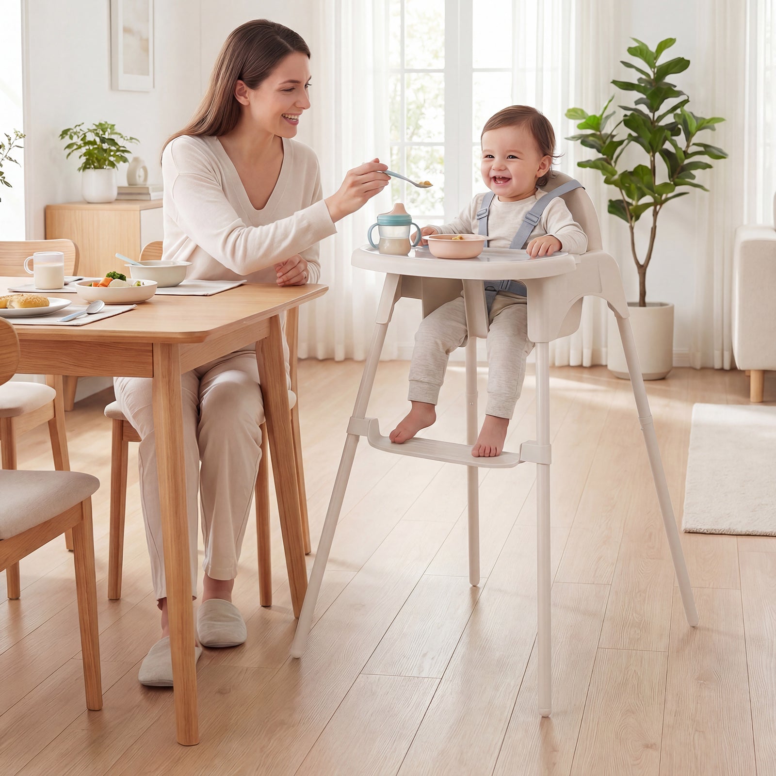 4-in-1 Convertible Baby High Chair with 2 Heights Removable Double Tray-Khaki