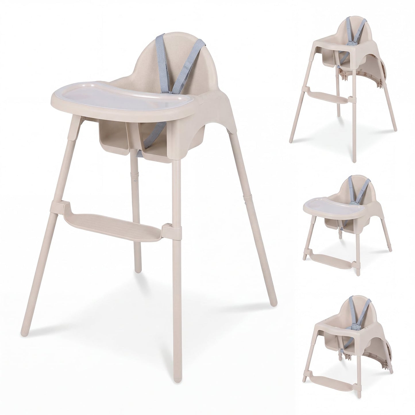 4-in-1 Convertible Baby High Chair with 2 Heights Removable Double Tray-Khaki
