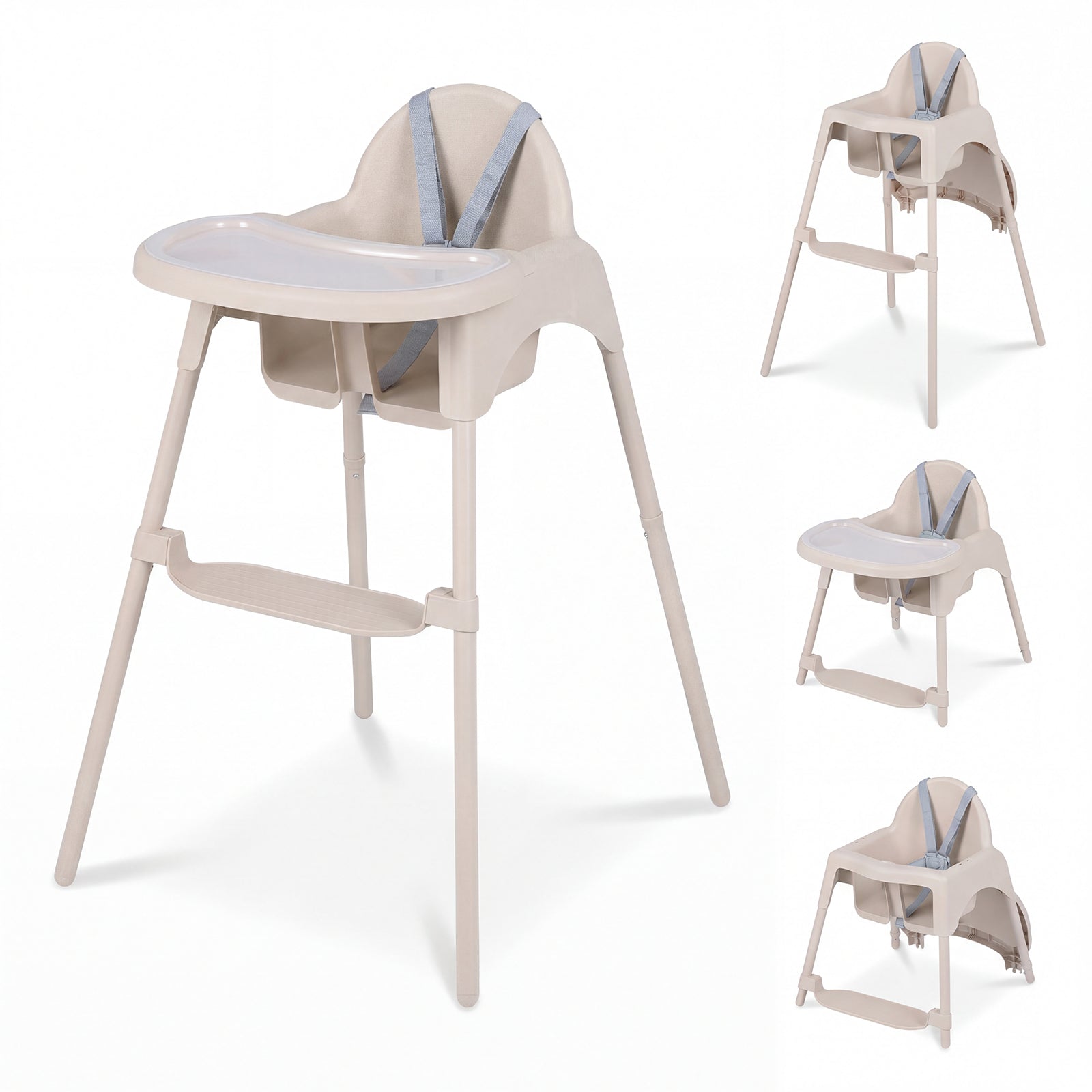 4-in-1 Convertible Baby High Chair with 2 Heights Removable Double Tray-Khaki