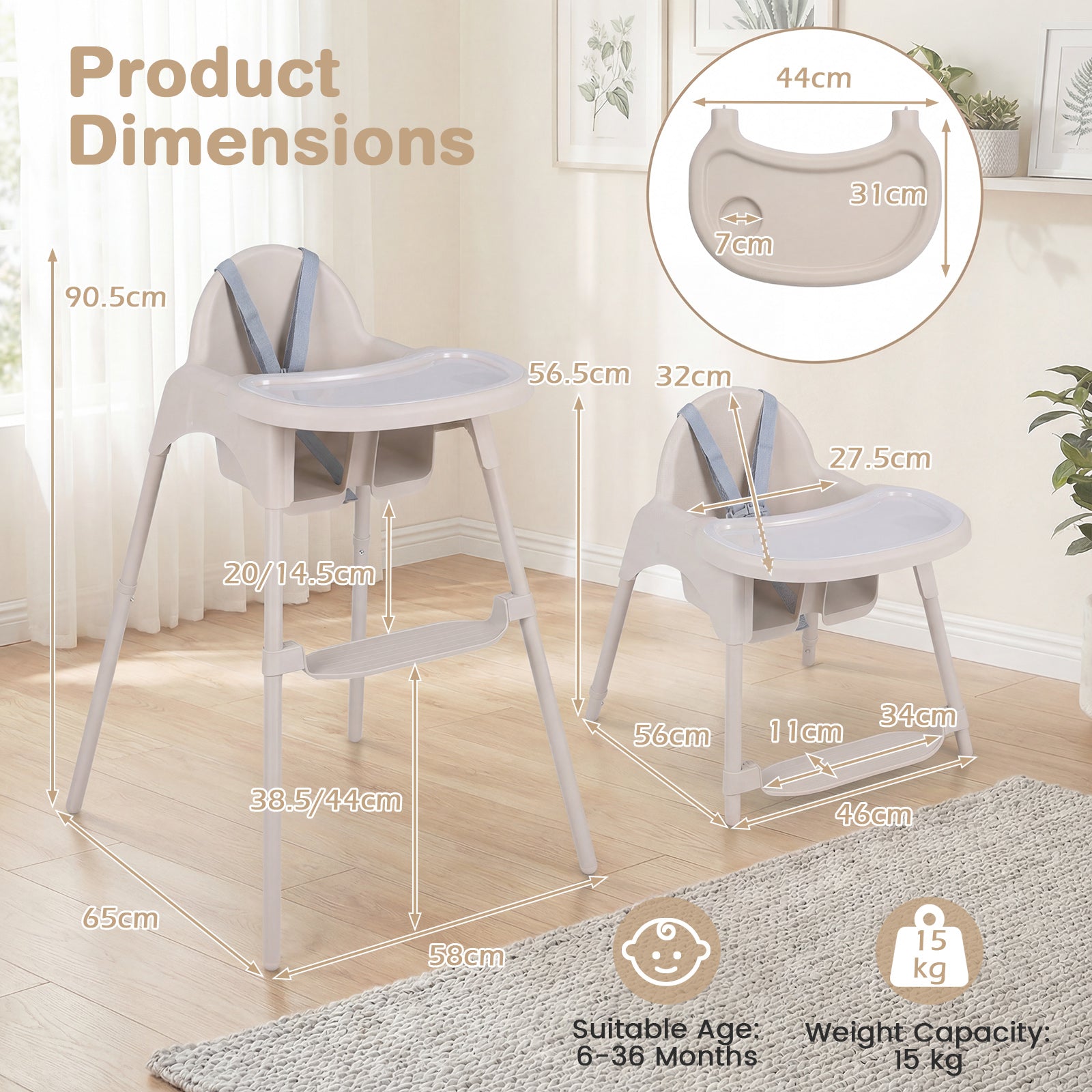4-in-1 Convertible Baby High Chair with 2 Heights Removable Double Tray-Khaki