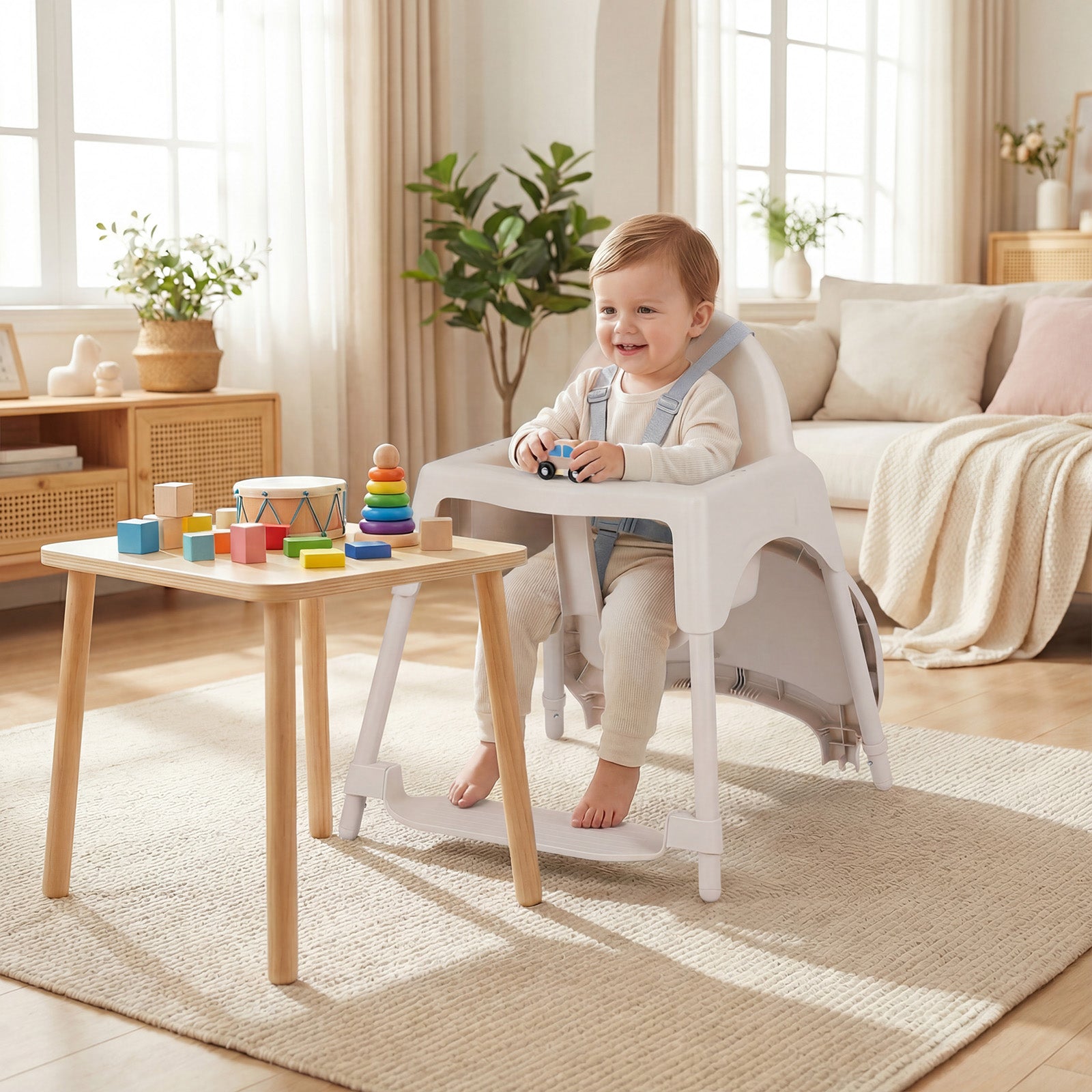 4-in-1 Convertible Baby High Chair with 2 Heights Removable Double Tray-Khaki