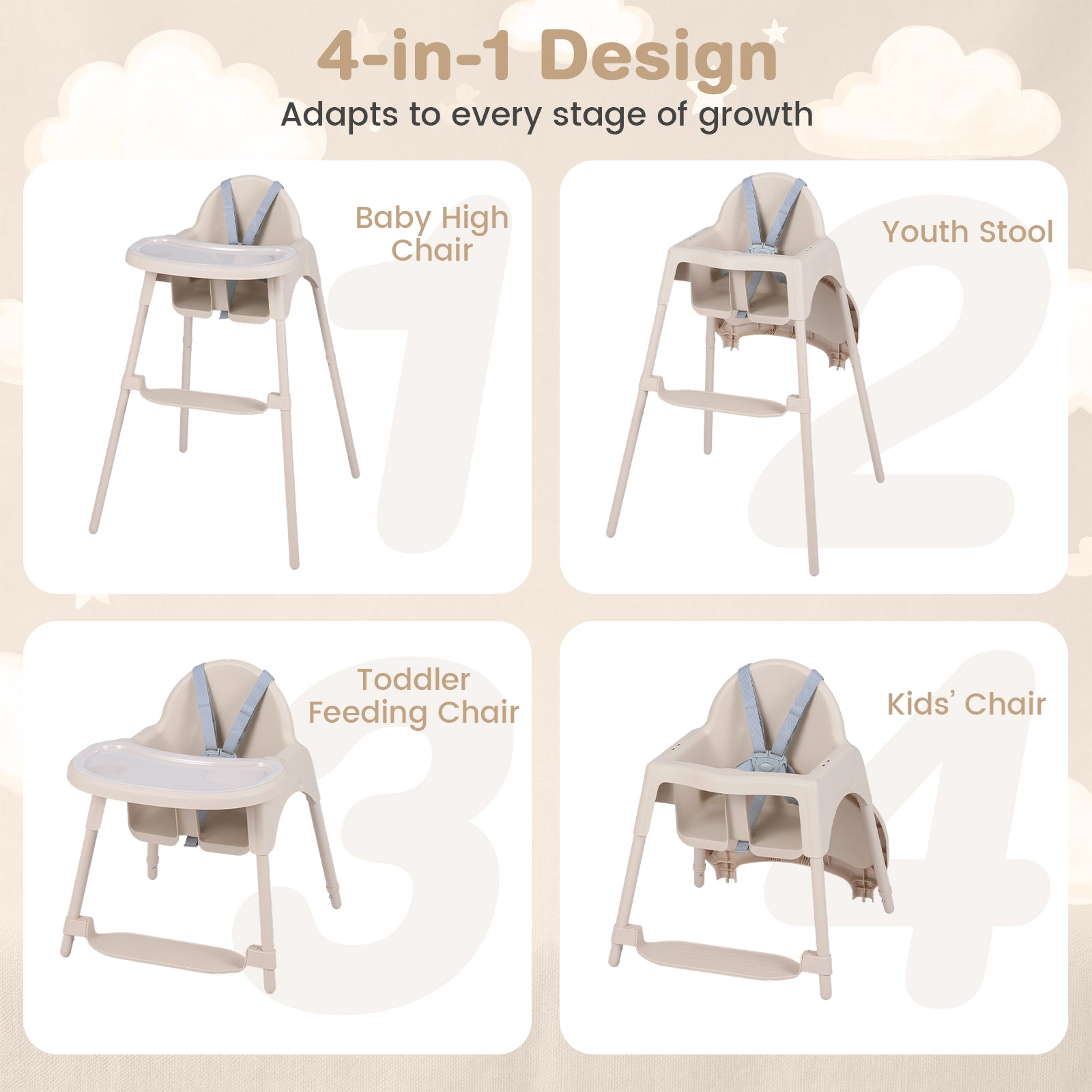 4-in-1 Convertible Baby High Chair with 2 Heights Removable Double Tray-Khaki