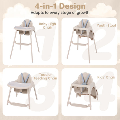 4-in-1 Convertible Baby High Chair with 2 Heights Removable Double Tray-Khaki