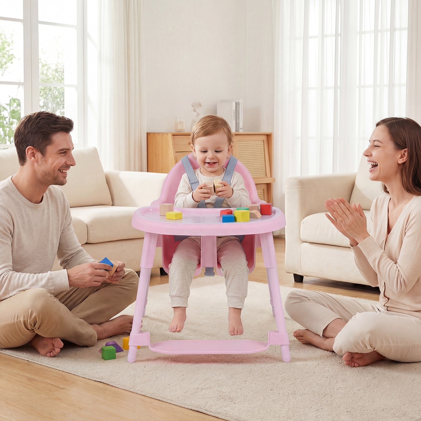 4-in-1 Convertible Baby High Chair with 2 Heights Removable Double Tray-Pink