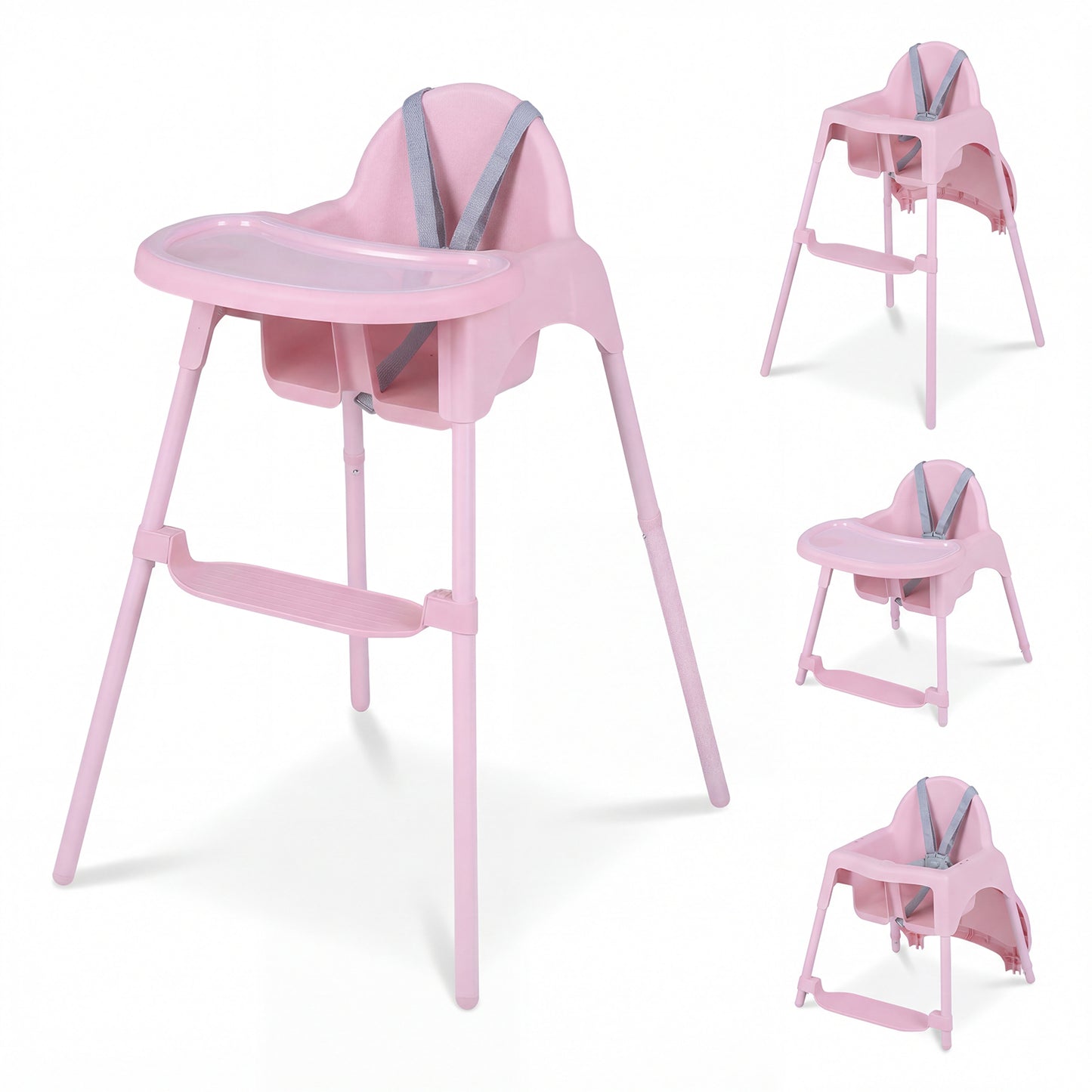 4-in-1 Convertible Baby High Chair with 2 Heights Removable Double Tray-Pink