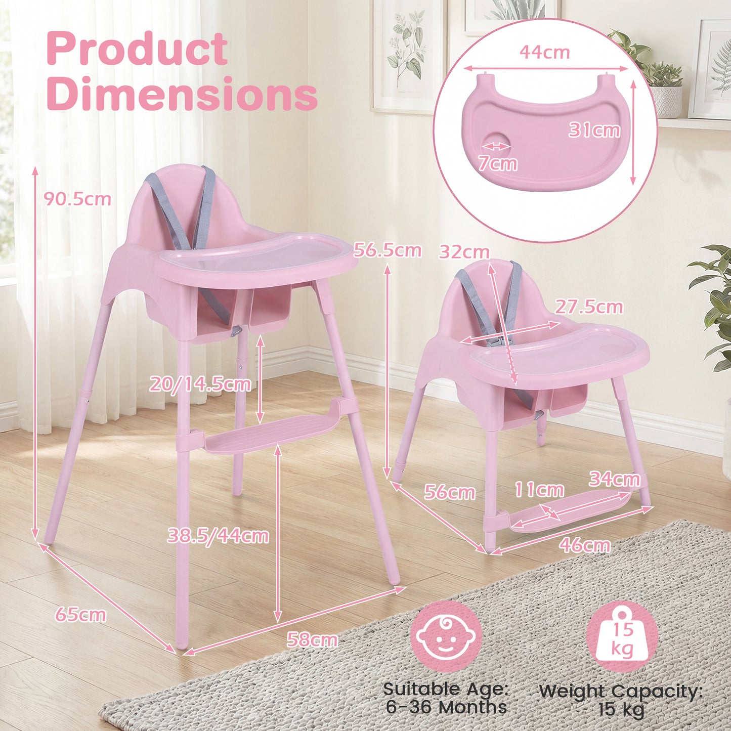 4-in-1 Convertible Baby High Chair with 2 Heights Removable Double Tray-Pink