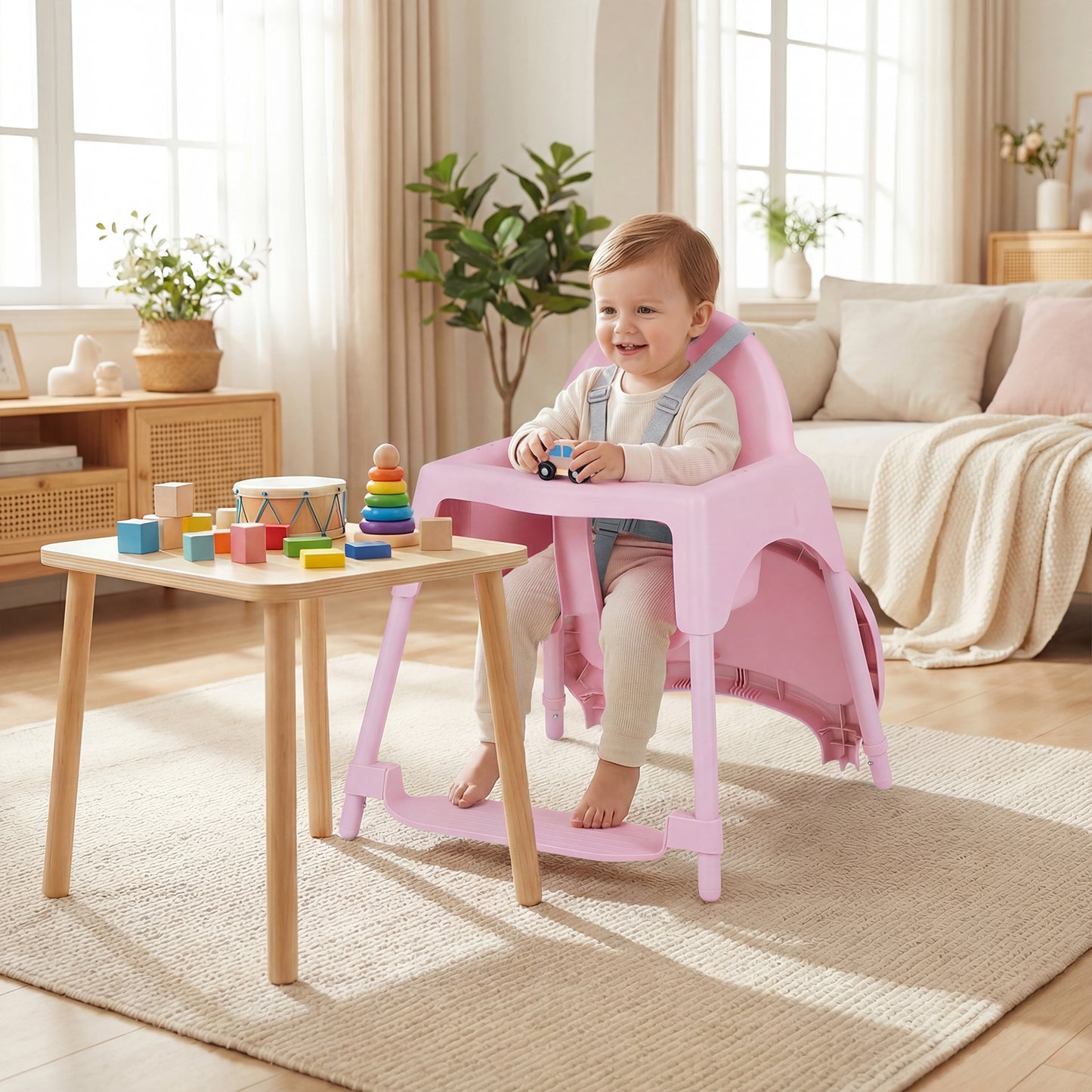 4-in-1 Convertible Baby High Chair with 2 Heights Removable Double Tray-Pink
