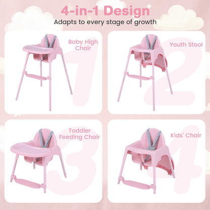 4-in-1 Convertible Baby High Chair with 2 Heights Removable Double Tray-Pink