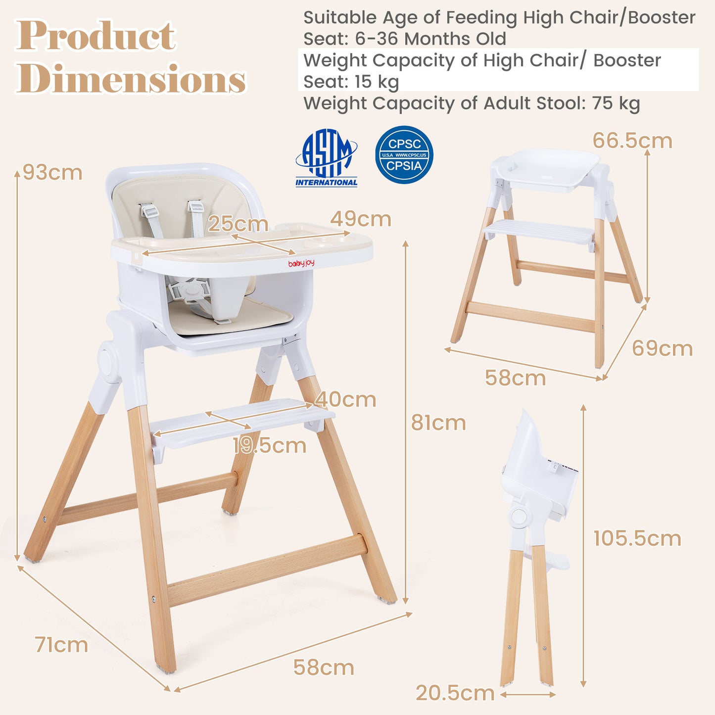 4-in-1 Convertible Baby High Chair with Detachable and Adjustable Tray-Beige