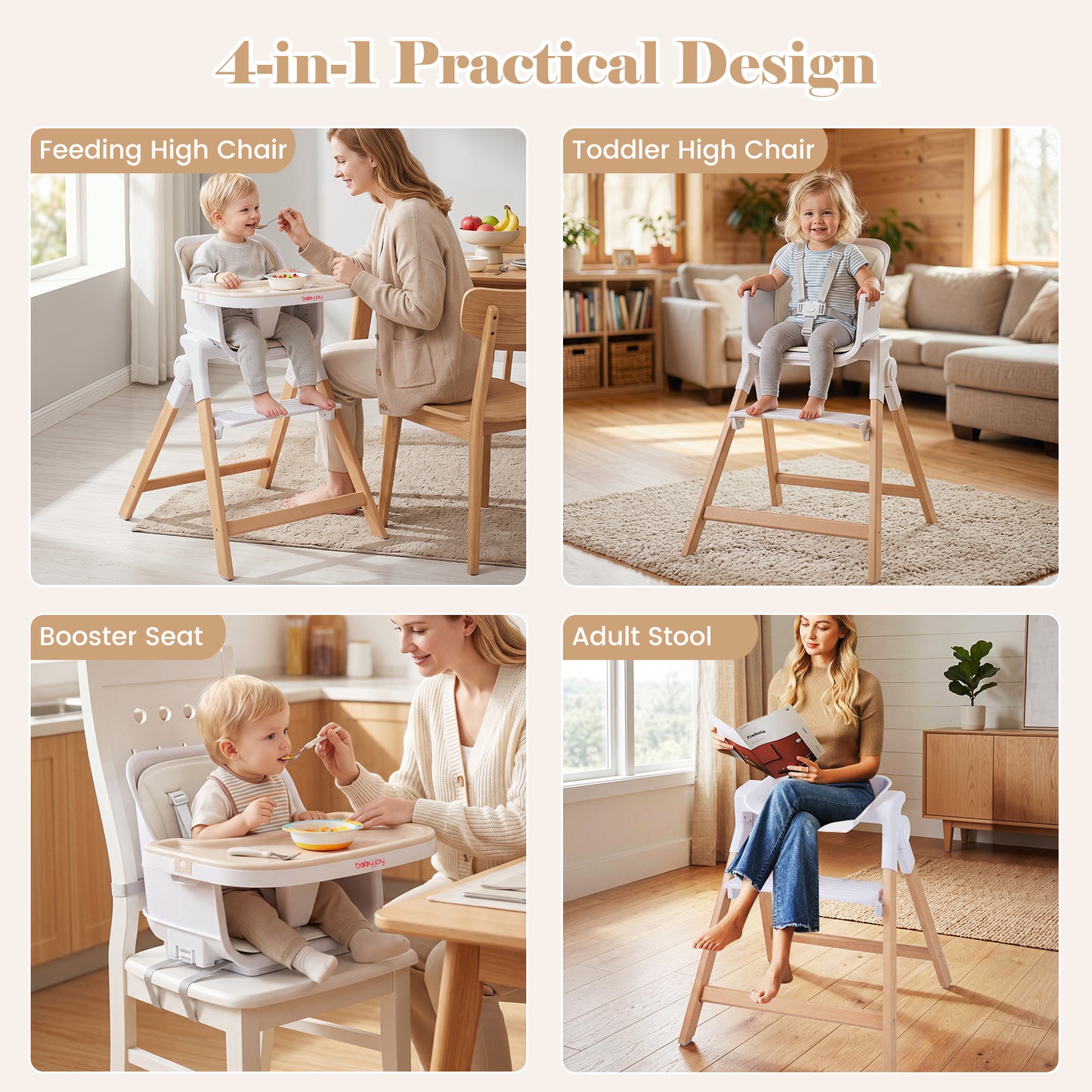 4-in-1 Convertible Baby High Chair with Detachable and Adjustable Tray-Beige