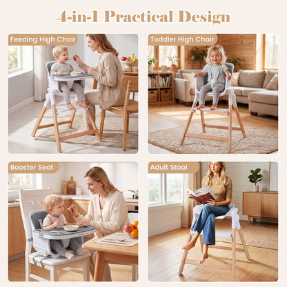 4-in-1 Convertible Baby High Chair with Detachable and Adjustable Tray-Grey