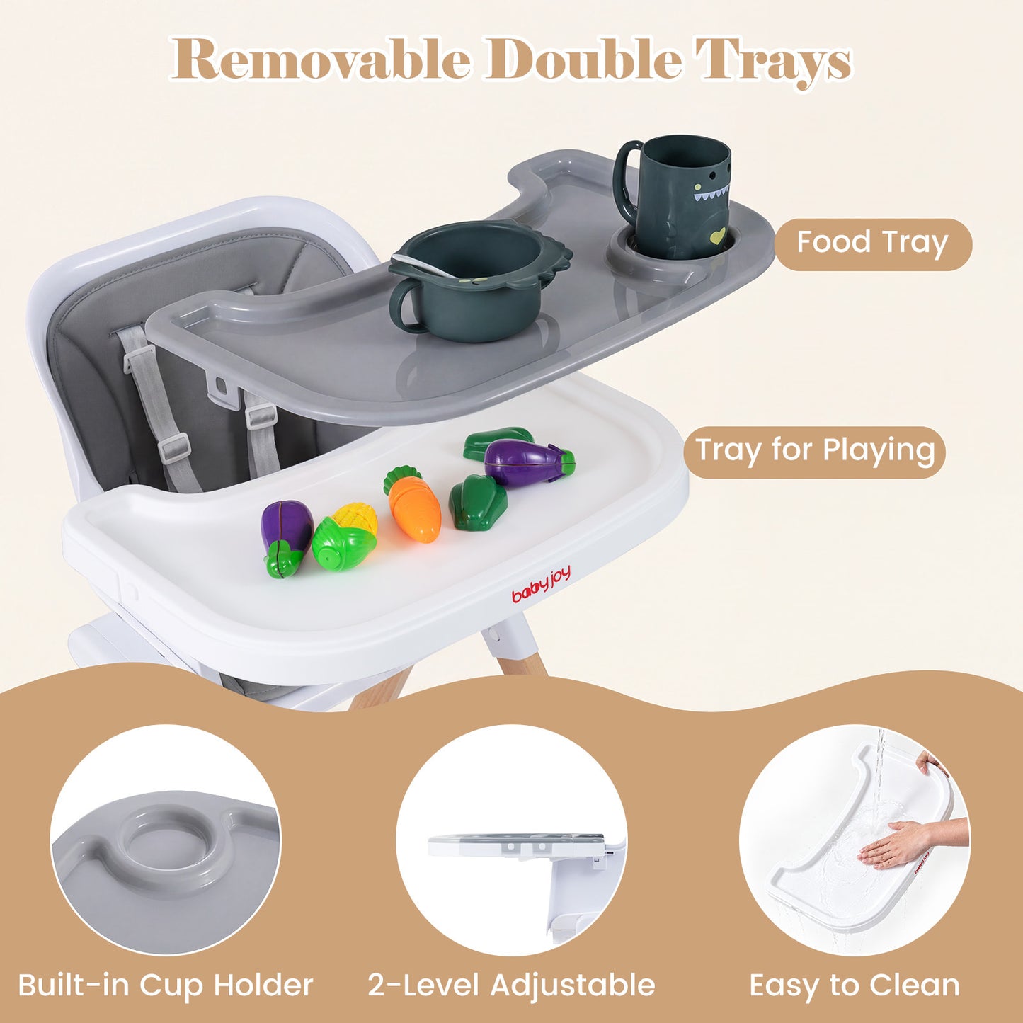 4-in-1 Convertible Baby High Chair with Detachable and Adjustable Tray-Grey