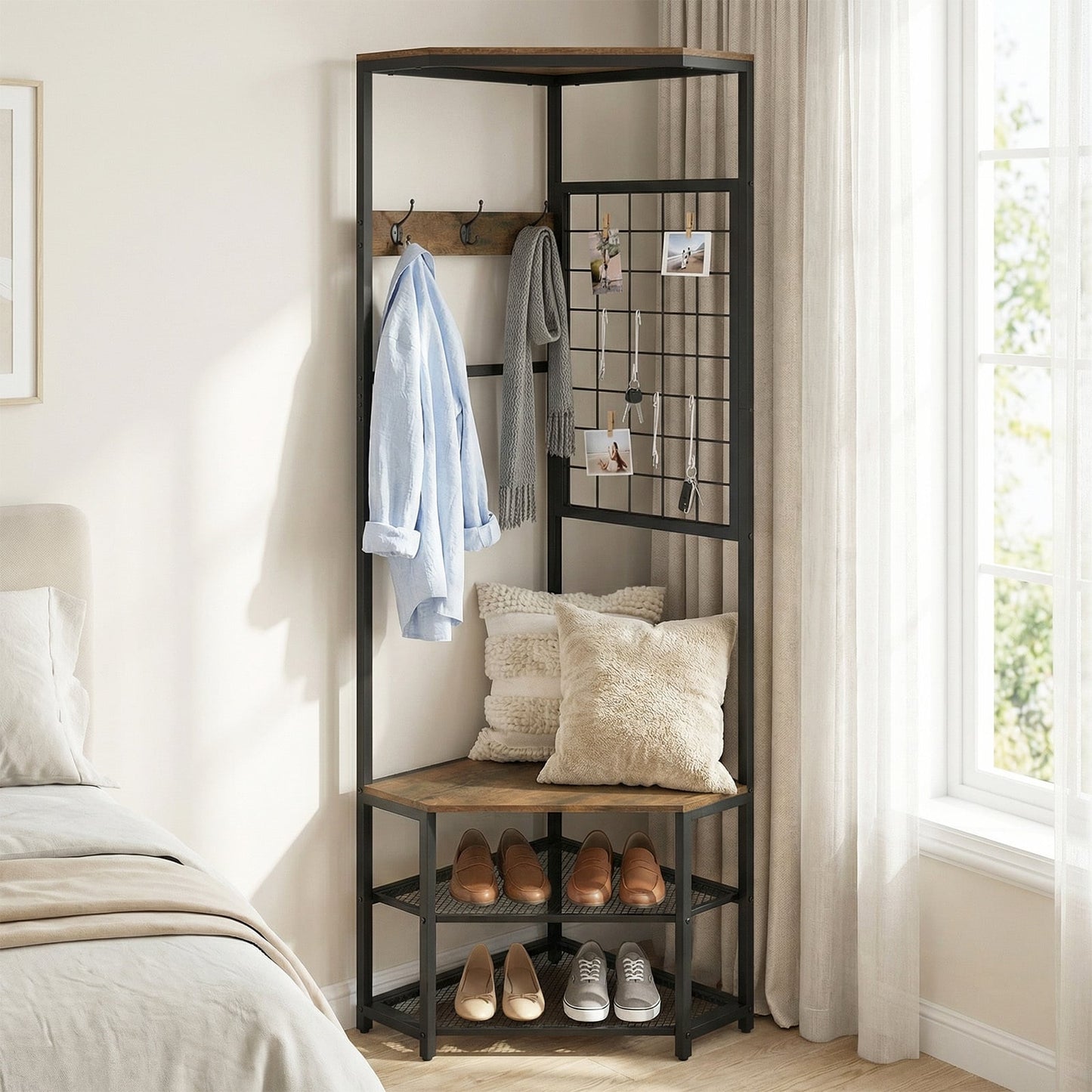 4-in-1 Freestanding Coat Rack with Storage Shelves Removable Hooks and Shoe Racks-Rustic Brown
