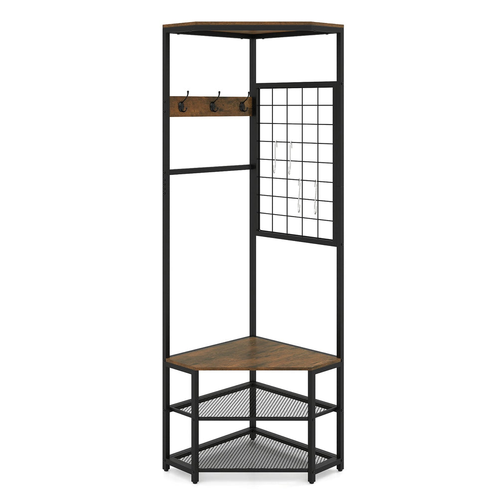4-in-1 Freestanding Coat Rack with Storage Shelves Removable Hooks and Shoe Racks-Rustic Brown