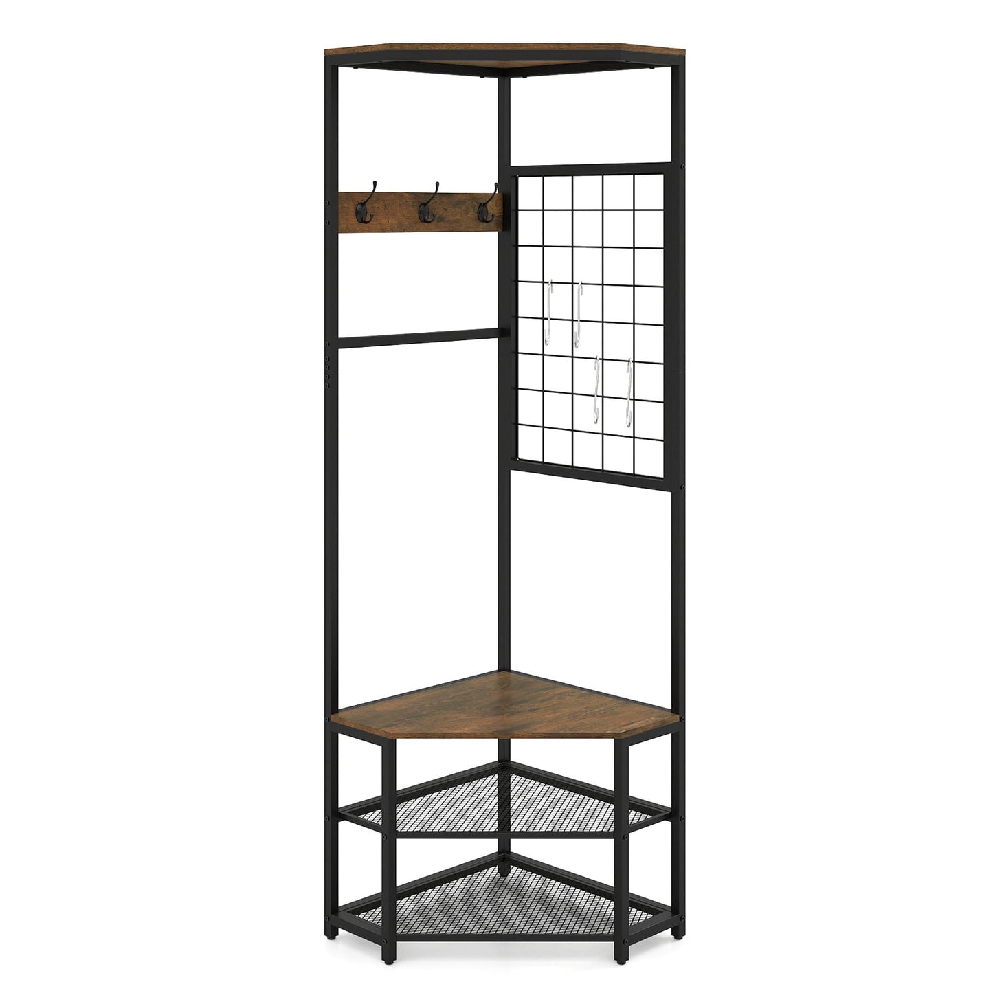 4-in-1 Freestanding Coat Rack with Storage Shelves Removable Hooks and Shoe Racks-Rustic Brown