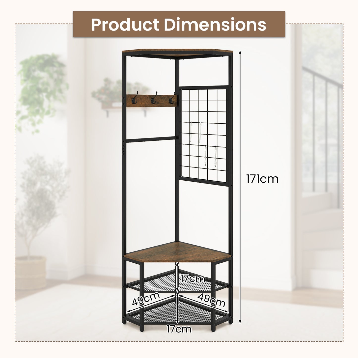 4-in-1 Freestanding Coat Rack with Storage Shelves Removable Hooks and Shoe Racks-Rustic Brown