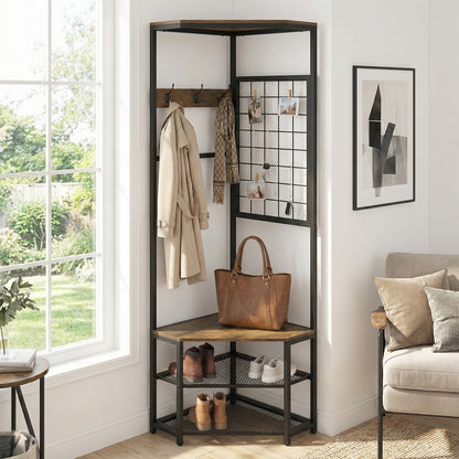 4-in-1 Freestanding Coat Rack with Storage Shelves Removable Hooks and Shoe Racks-Rustic Brown