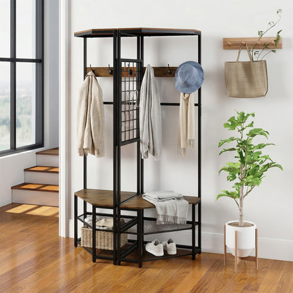 4-in-1 Freestanding Coat Rack with Storage Shelves Removable Hooks and Shoe Racks-Rustic Brown