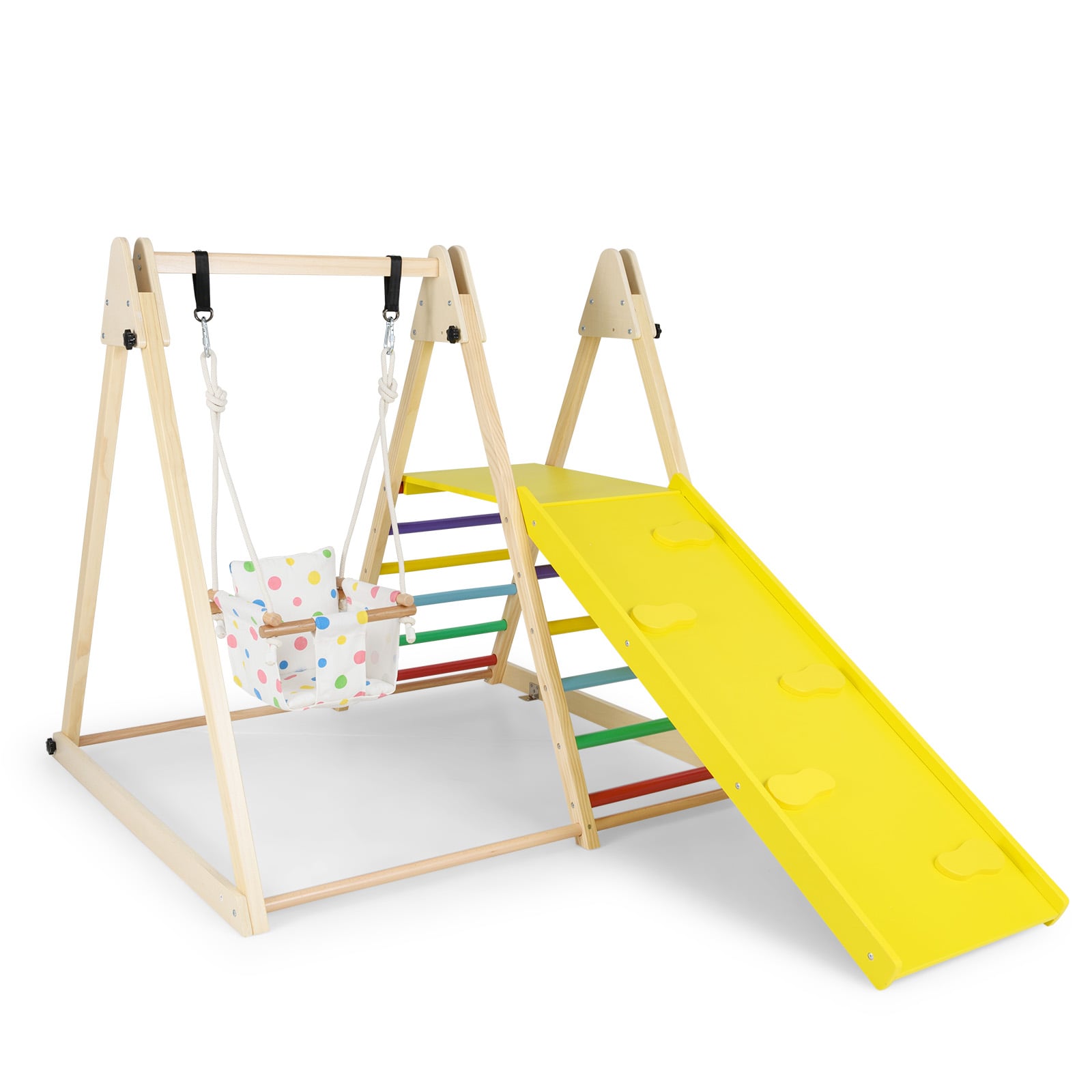4-in-1 Kids Indoor Jungle Gym Playground with Baby Swing and Climbing Ramp-Multicolour