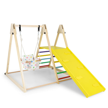 4-in-1 Kids Indoor Jungle Gym Playground with Baby Swing and Climbing Ramp-Multicolour