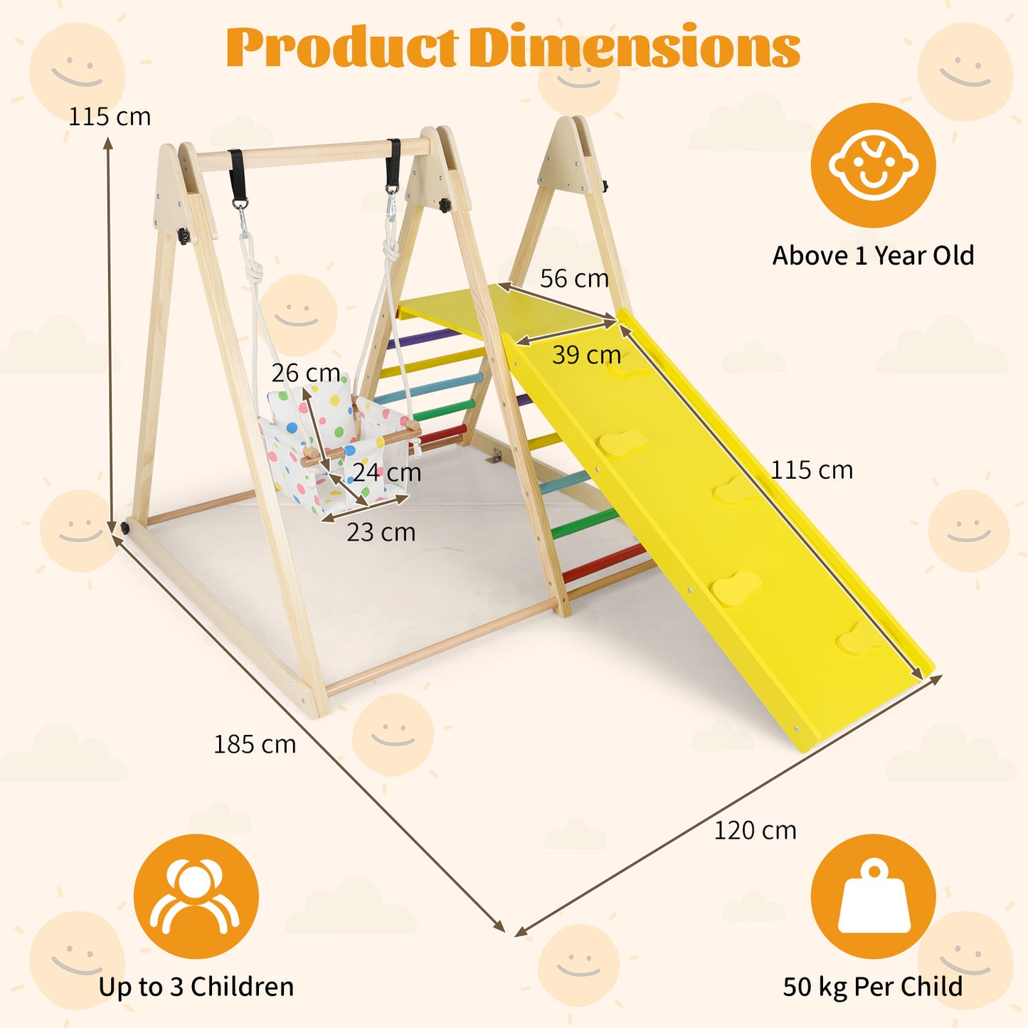 4-in-1 Kids Indoor Jungle Gym Playground with Baby Swing and Climbing Ramp-Multicolour