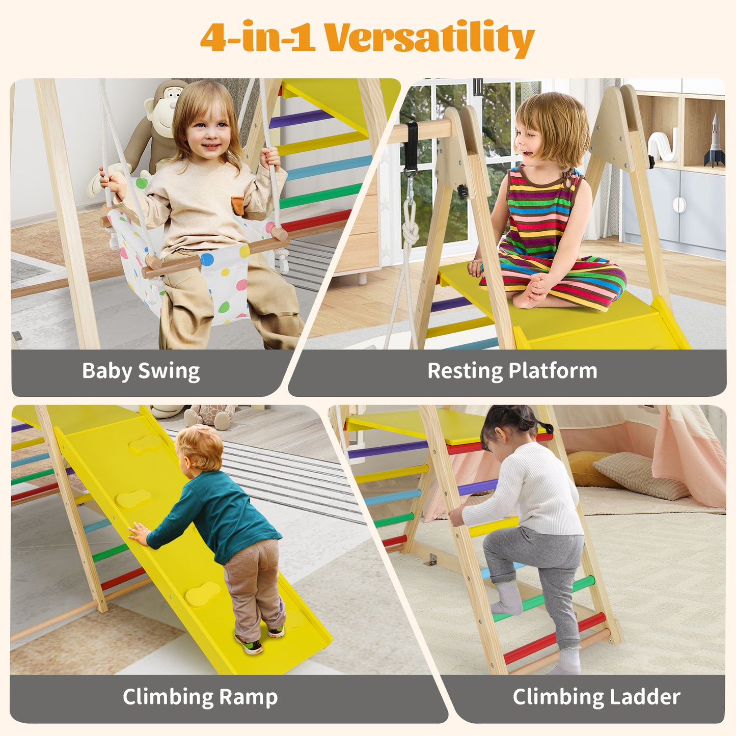 4-in-1 Kids Indoor Jungle Gym Playground with Baby Swing and Climbing Ramp-Multicolour