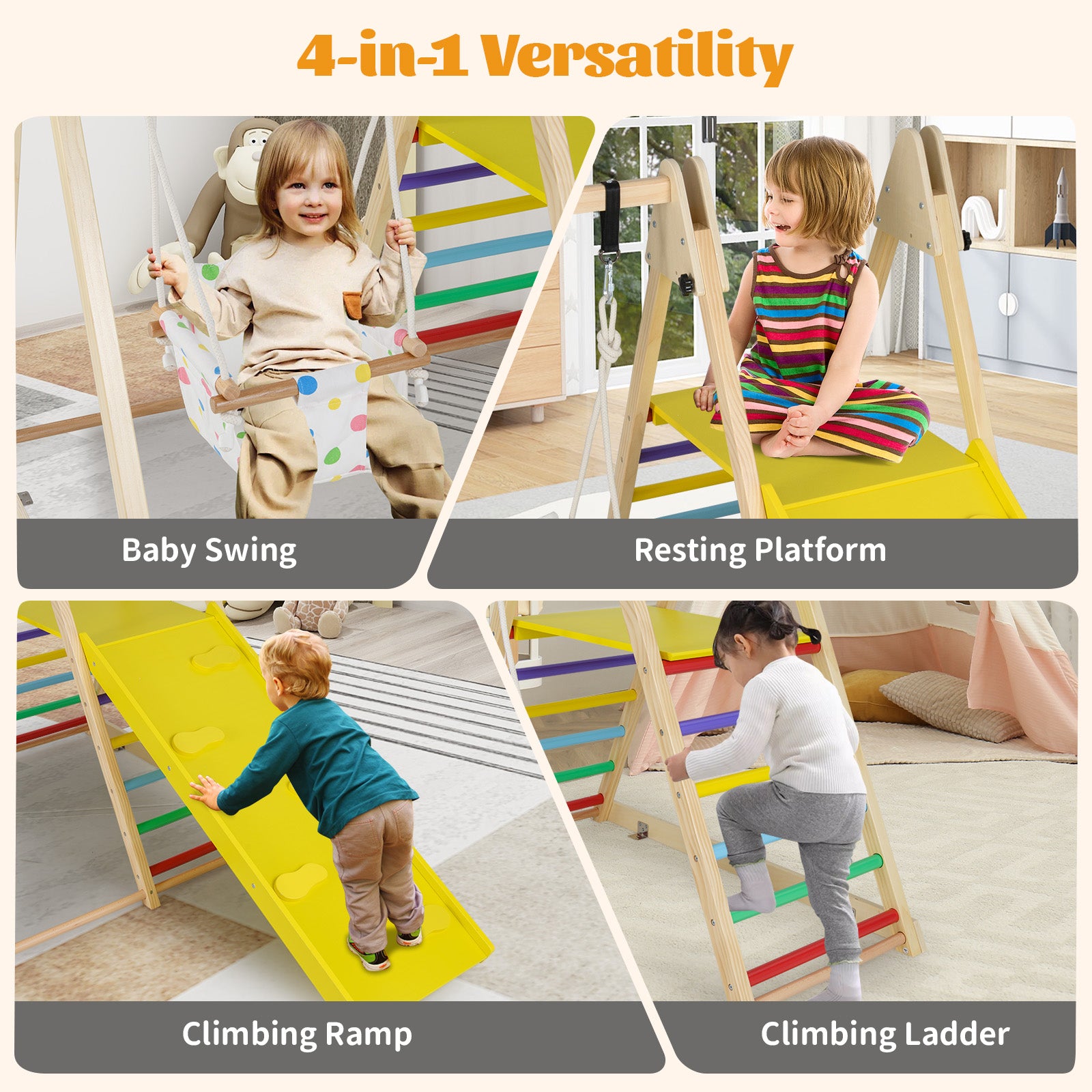4-in-1 Kids Indoor Jungle Gym Playground with Baby Swing and Climbing Ramp-Multicolour