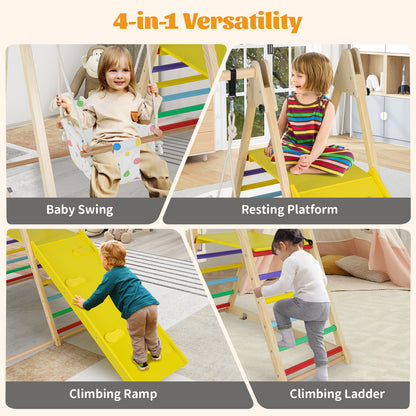 4-in-1 Kids Indoor Jungle Gym Playground with Baby Swing and Climbing Ramp-Multicolour