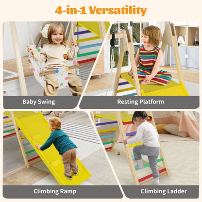 4-in-1 Kids Indoor Jungle Gym Playground with Baby Swing and Climbing Ramp-Multicolour